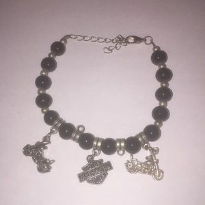 Black bead Harley motorcycle theme charm bracelet